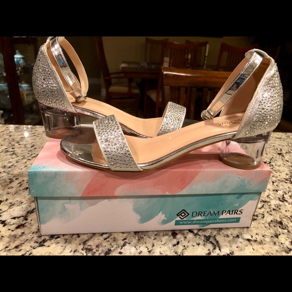 Women’s Silver Rhinestone Formal Low Heels Open Toe Party Dress/Wedding Shoes - Picture 5 of 8